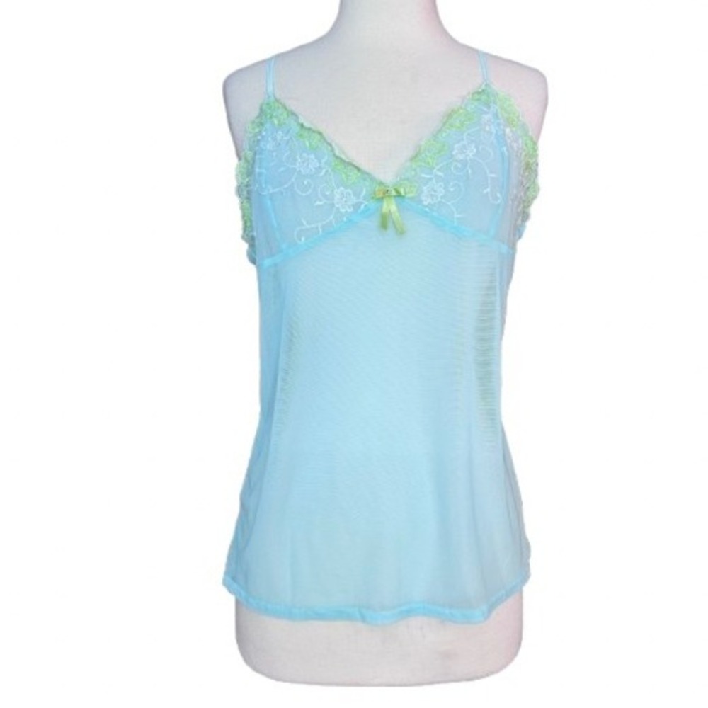 Vtg y2k XL Camisole Fairy Core Teal Blue Lace Bows Sheer Mesh Stretchy‎